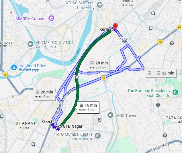 Route map from Sion to Dr. Inamdar's Dental Studio, Kurla